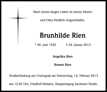 Anzeige von Brunhilde Rien von Kölner Stadt-Anzeiger / Kölnische Rundschau / Express