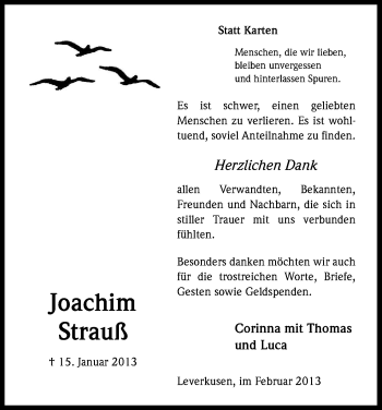 Anzeige von Joachim Strauß von Kölner Stadt-Anzeiger / Kölnische Rundschau / Express