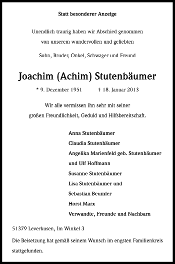 Anzeige von Joachim Stutenbäumer von Kölner Stadt-Anzeiger / Kölnische Rundschau / Express