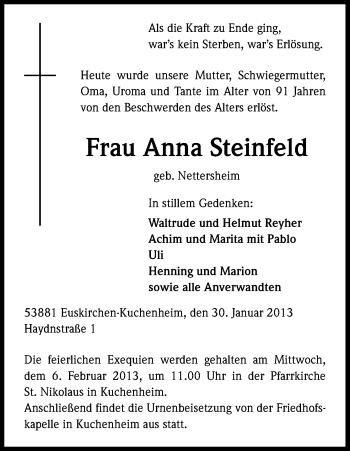 Anzeige von Anna Steinfeld von Kölner Stadt-Anzeiger / Kölnische Rundschau / Express