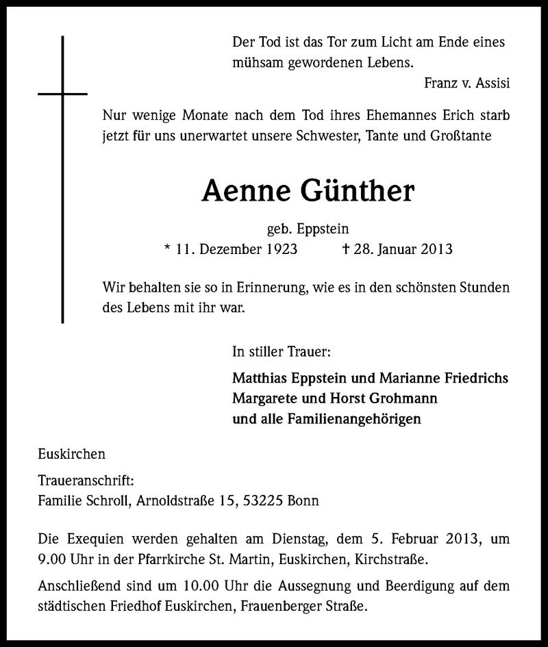  Traueranzeige für Aenne Günther vom 02.02.2013 aus Kölner Stadt-Anzeiger / Kölnische Rundschau / Express