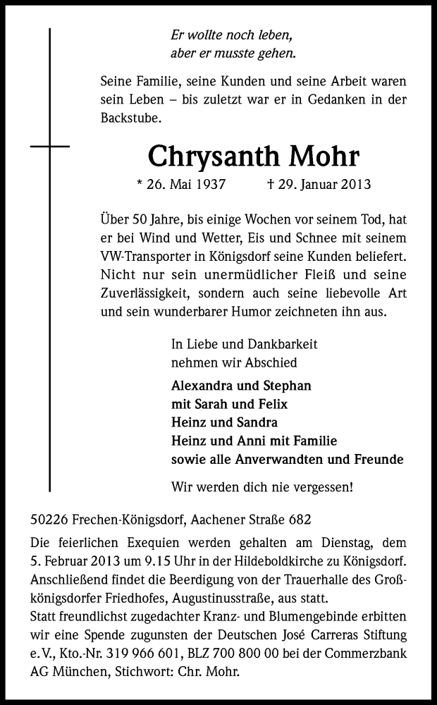  Traueranzeige für Chrysanth Mohr vom 02.02.2013 aus Kölner Stadt-Anzeiger / Kölnische Rundschau / Express