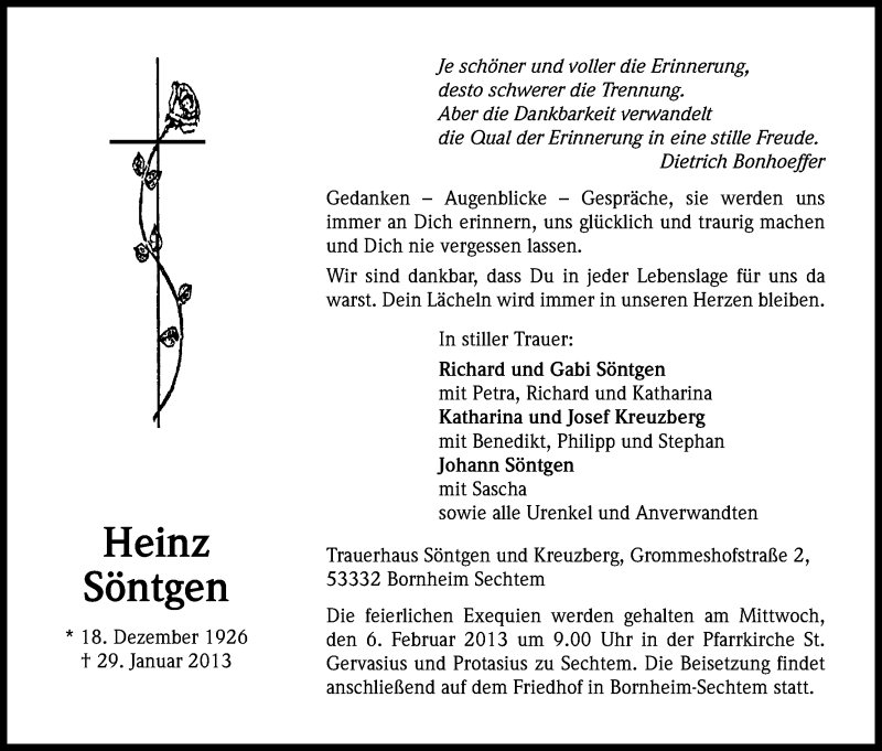 Traueranzeige für Heinz Söntgen vom 02.02.2013 aus Kölner Stadt-Anzeiger / Kölnische Rundschau / Express