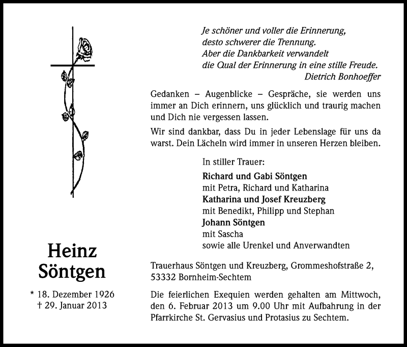  Traueranzeige für Heinz Söntgen vom 05.02.2013 aus Kölner Stadt-Anzeiger / Kölnische Rundschau / Express