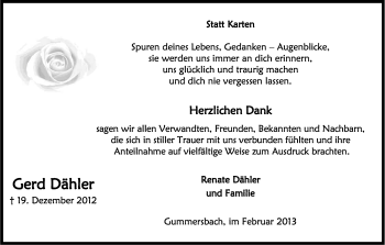 Anzeige von Gerd Dähler von Kölner Stadt-Anzeiger / Kölnische Rundschau / Express