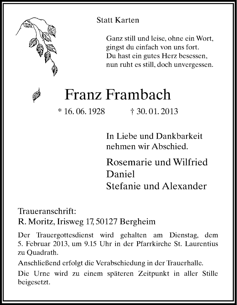  Traueranzeige für Franz Frambach vom 02.02.2013 aus Kölner Stadt-Anzeiger / Kölnische Rundschau / Express
