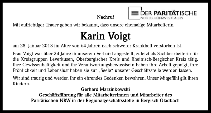  Traueranzeige für Karin Voigt vom 02.02.2013 aus Kölner Stadt-Anzeiger / Kölnische Rundschau / Express