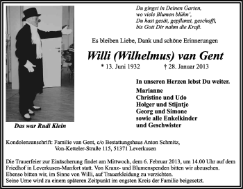 Anzeige von Wilhelmus van Gent von Kölner Stadt-Anzeiger / Kölnische Rundschau / Express