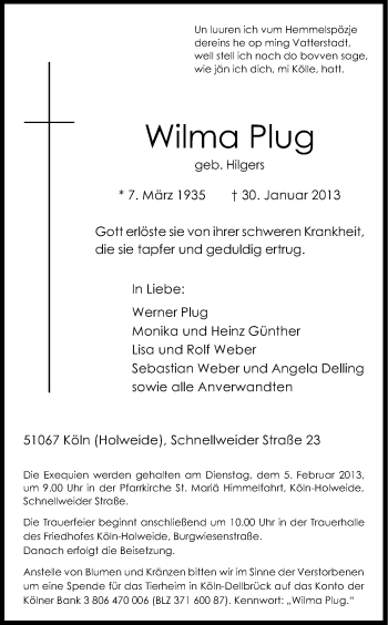 Anzeige von Wilma Plug von Kölner Stadt-Anzeiger / Kölnische Rundschau / Express