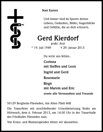 Anzeige von Gerd Kierdorf von Kölner Stadt-Anzeiger / Kölnische Rundschau / Express