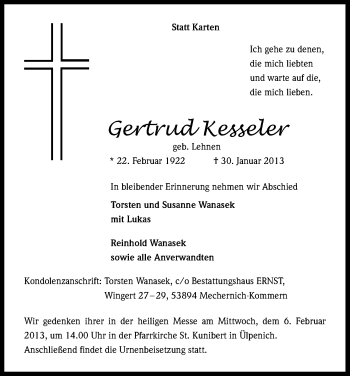 Anzeige von Gertrud Kesseler von Kölner Stadt-Anzeiger / Kölnische Rundschau / Express