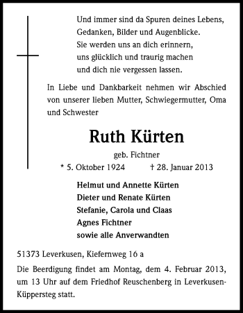 Anzeige von Ruth Kürten von Kölner Stadt-Anzeiger / Kölnische Rundschau / Express