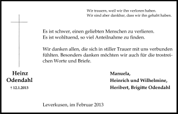 Anzeige von Heinz Odendahl von Kölner Stadt-Anzeiger / Kölnische Rundschau / Express