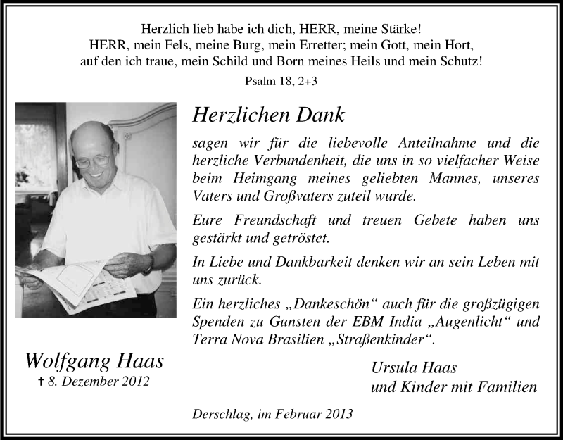  Traueranzeige für Wolfgang Haas vom 01.02.2013 aus Kölner Stadt-Anzeiger / Kölnische Rundschau / Express