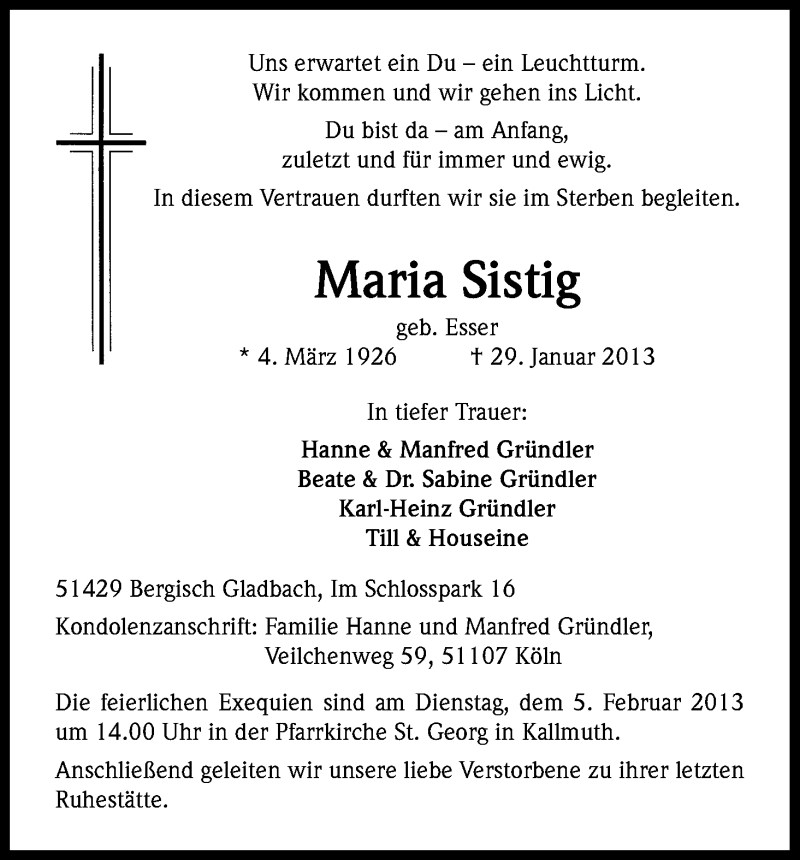  Traueranzeige für Maria Sistig vom 02.02.2013 aus Kölner Stadt-Anzeiger / Kölnische Rundschau / Express