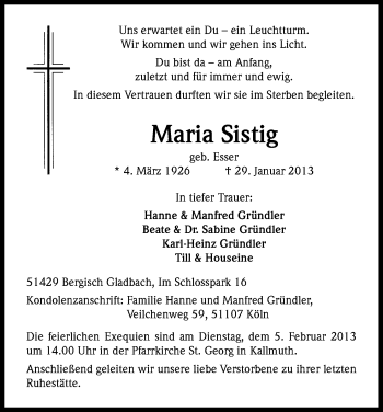 Anzeige von Maria Sistig von Kölner Stadt-Anzeiger / Kölnische Rundschau / Express