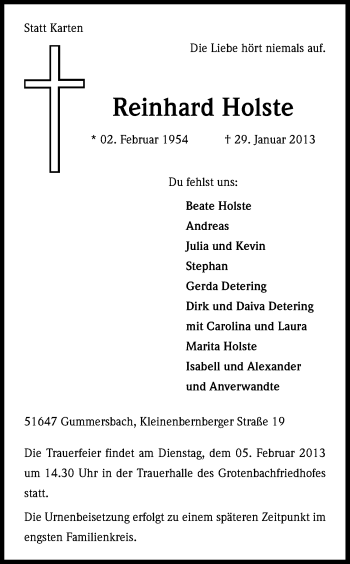 Anzeige von Reinhard Holste von Kölner Stadt-Anzeiger / Kölnische Rundschau / Express