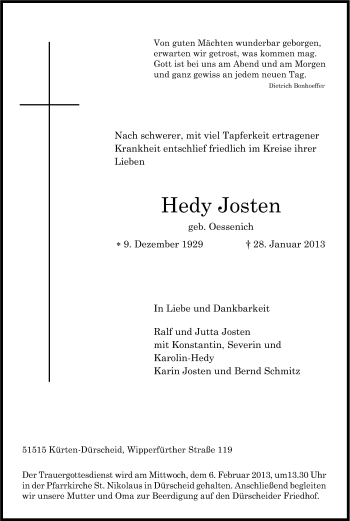 Anzeige von Hedy Josten von Kölner Stadt-Anzeiger / Kölnische Rundschau / Express