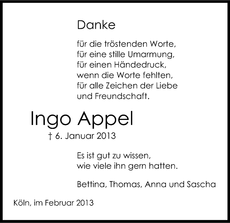  Traueranzeige für Ingo Appel vom 02.02.2013 aus Kölner Stadt-Anzeiger / Kölnische Rundschau / Express