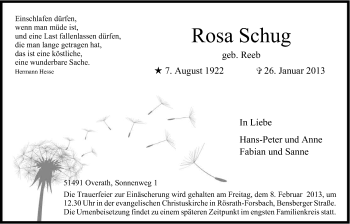 Anzeige von Rosa Schug von Kölner Stadt-Anzeiger / Kölnische Rundschau / Express