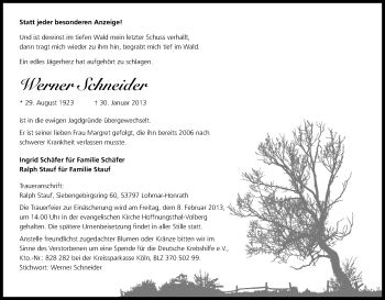 Anzeige von Werner Schneider von Kölner Stadt-Anzeiger / Kölnische Rundschau / Express