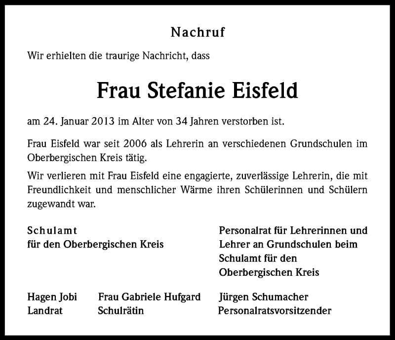  Traueranzeige für Stefanie Eisfeld vom 01.02.2013 aus Kölner Stadt-Anzeiger / Kölnische Rundschau / Express
