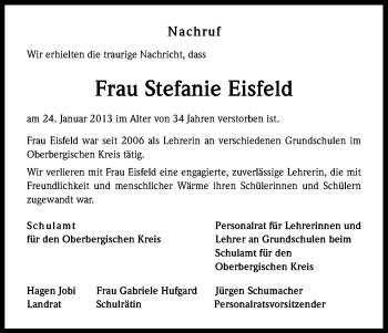 Anzeige von Stefanie Eisfeld von Kölner Stadt-Anzeiger / Kölnische Rundschau / Express