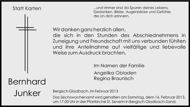  Traueranzeige für Bernhard Junker vom 09.02.2013 aus Kölner Stadt-Anzeiger / Kölnische Rundschau / Express