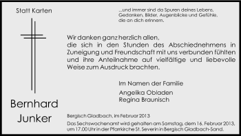 Anzeige von Bernhard Junker von Kölner Stadt-Anzeiger / Kölnische Rundschau / Express
