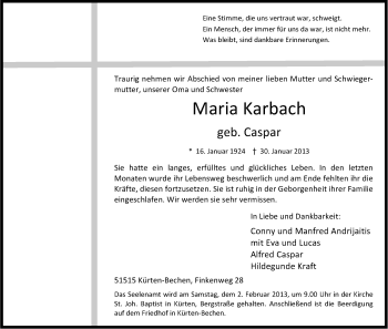 Anzeige von Maria Karbach von Kölner Stadt-Anzeiger / Kölnische Rundschau / Express