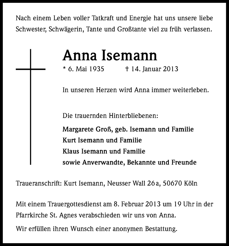  Traueranzeige für Anna Isemann vom 02.02.2013 aus Kölner Stadt-Anzeiger / Kölnische Rundschau / Express