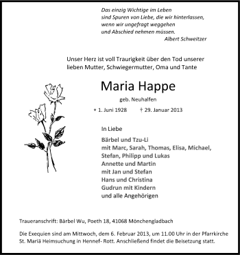 Anzeige von Maria Happe von Kölner Stadt-Anzeiger / Kölnische Rundschau / Express