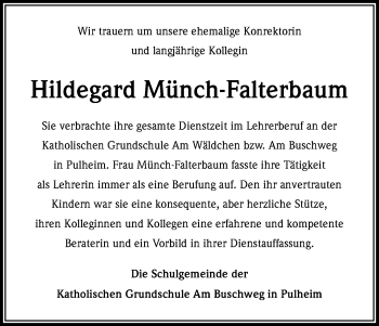 Anzeige von Hildegard Münch-Falterbaum von Kölner Stadt-Anzeiger / Kölnische Rundschau / Express
