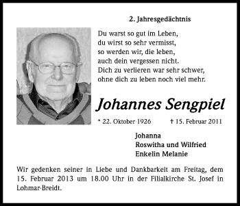 Anzeige von Johannes Sengpiel von Kölner Stadt-Anzeiger / Kölnische Rundschau / Express