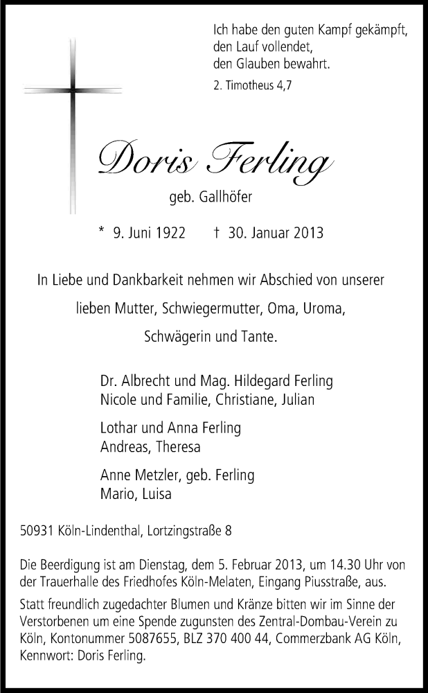 Traueranzeige für Doris Ferling vom 02.02.2013 aus Kölner Stadt-Anzeiger / Kölnische Rundschau / Express