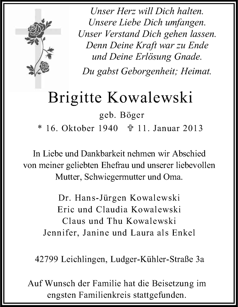  Traueranzeige für Brigitte Kowalewski vom 02.02.2013 aus Kölner Stadt-Anzeiger / Kölnische Rundschau / Express