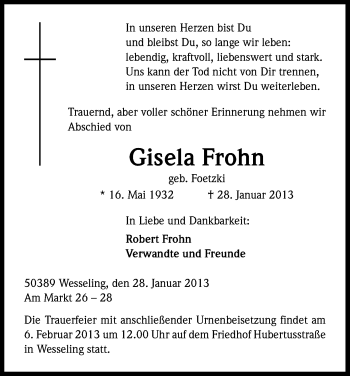 Anzeige von Gisela Frohn von Kölner Stadt-Anzeiger / Kölnische Rundschau / Express