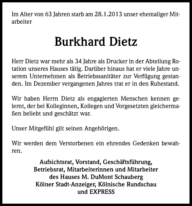  Traueranzeige für Burkhard Dietz vom 02.02.2013 aus Kölner Stadt-Anzeiger / Kölnische Rundschau / Express