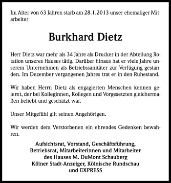 Anzeige von Burkhard Dietz von Kölner Stadt-Anzeiger / Kölnische Rundschau / Express
