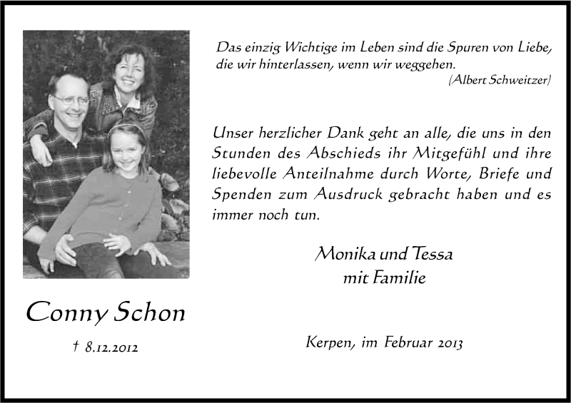  Traueranzeige für Conny Schon vom 06.02.2013 aus Kölner Stadt-Anzeiger / Kölnische Rundschau / Express