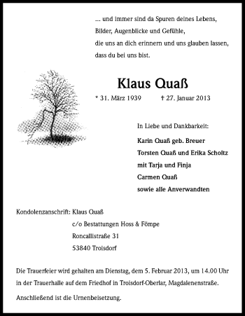Anzeige von Klaus Quaß von Kölner Stadt-Anzeiger / Kölnische Rundschau / Express