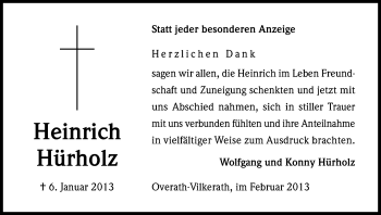 Anzeige von Heinrich Hürholz von Kölner Stadt-Anzeiger / Kölnische Rundschau / Express