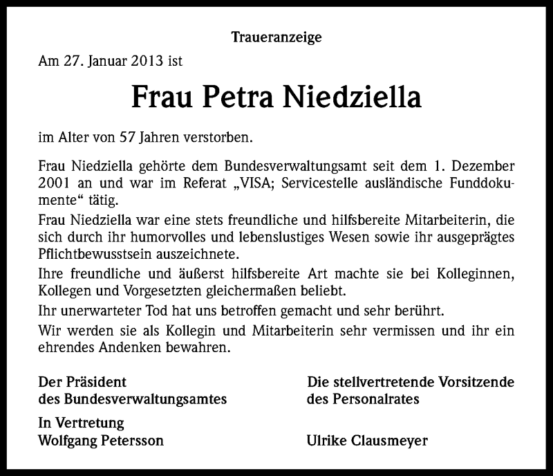 Traueranzeige für Petra Niedziella vom 02.02.2013 aus Kölner Stadt-Anzeiger / Kölnische Rundschau / Express