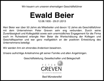 Anzeige von Ewald Beier von Kölner Stadt-Anzeiger / Kölnische Rundschau / Express