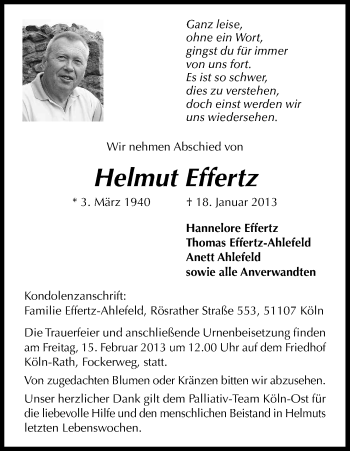 Anzeige von Helmut Effertz von Kölner Stadt-Anzeiger / Kölnische Rundschau / Express