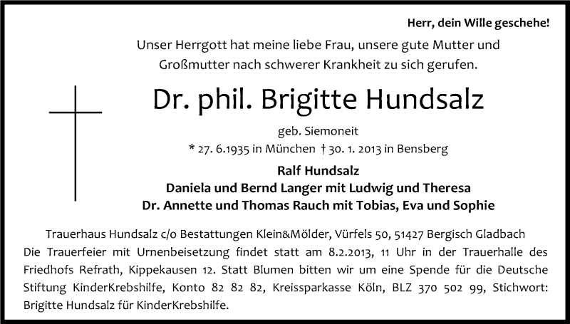  Traueranzeige für Brigitte Hundsalz vom 02.02.2013 aus Kölner Stadt-Anzeiger / Kölnische Rundschau / Express