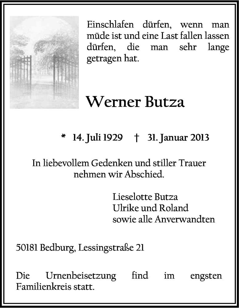  Traueranzeige für Werner Butza vom 02.02.2013 aus Kölner Stadt-Anzeiger / Kölnische Rundschau / Express