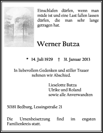 Anzeige von Werner Butza von Kölner Stadt-Anzeiger / Kölnische Rundschau / Express