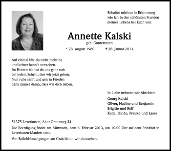 Anzeige von Annette Kalski von Kölner Stadt-Anzeiger / Kölnische Rundschau / Express