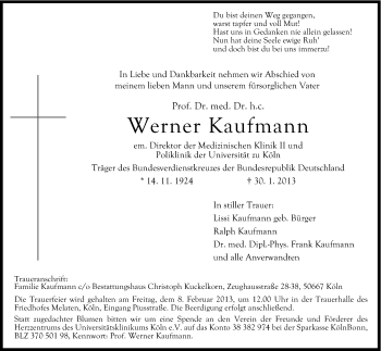 Anzeige von Werner Kaufmann von Kölner Stadt-Anzeiger / Kölnische Rundschau / Express